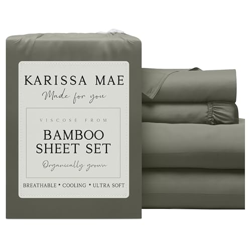 Image of KARISSA MAE Bamboo Viscose 34 inch Split Top King Size Sheet Set, FSC Certified | Single 34 inch Split Fitted Sheet | Sleep Number & Adjustable Bed | Cooling | 18 inch Deep Pocket w / Corner Straps [Cypress Green]