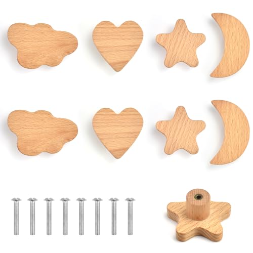 SLTAXAR 8 PCS Tiradores de Madera Infantiles para Cajones - Pomos con Estrellas, Nubes, Luna, Corazón - Perillas con Tornillos para Armarios y Cómodas