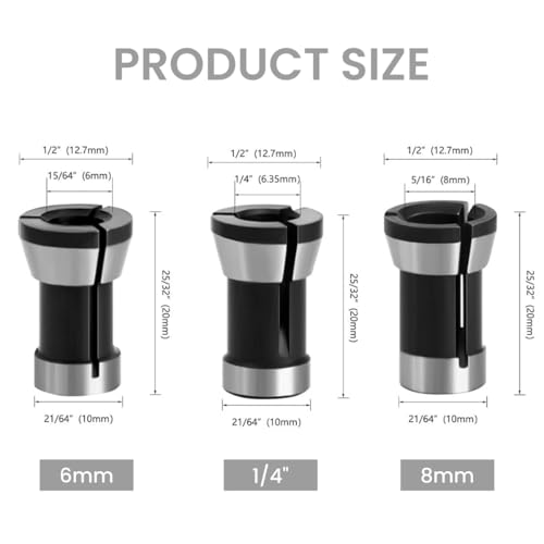 Image of Serplex Router Machine Collet Set, 3 Sizes 6mm /1 /4 /8mm Woodworking