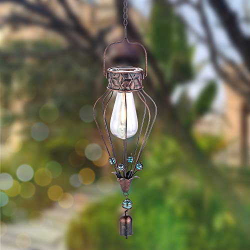Hanging Solar Lantern Lights Outdoor Decorative for Garden Yard Patio Porch. Garden Decor Solar Powered, with Wind Chime & Filament Bulb