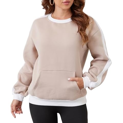 Sureple Fall Pullover Sweaters for Women 2024 Oversized Ribbed Crewneck Cuff Bottom Striped Color Block Long Sleeve Fleece Lining Tops(SP540-Coffeegrey White-M) Cover