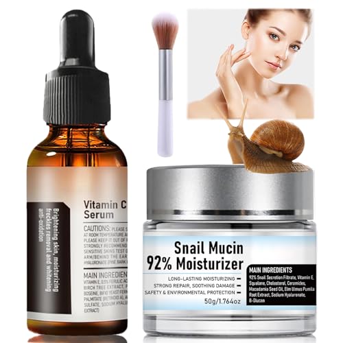 Crema De Baba De Caracol Original, Vitamin C Facial Serum, Snail Mucin 92% Moisturizer Daily Face Gel Cream, Advanced Snail 92 All in One Cream, Snail Mucin Moisturizer and Serum (set, 1)