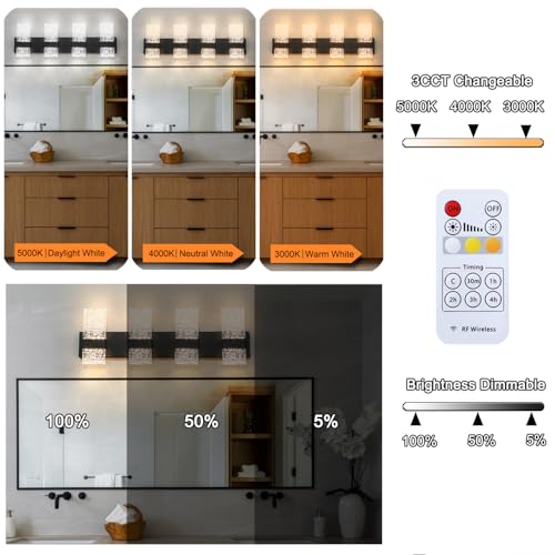 Image of Modern Matte Black 4 Lights Bathroom Vanity Light, Eleglant LED Bathroom Light Fixtures Over Mirror, Dimmable Acrylic Shade Wall Lighting Fixtures, Hardwired Wall Light(H9.25in, L28.35in)