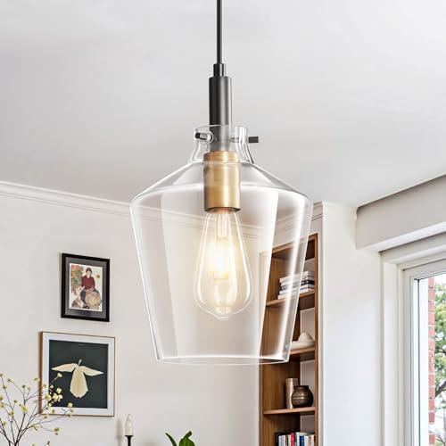 Actask Glass Pendant Light, Black Gold Pendant Lights Kitchen Island with 8'' Clear Glass Lampshades, Modern Hanging Ceiling Light for Farmhouse Dining Room Bedroom Hallway(1 Pack)