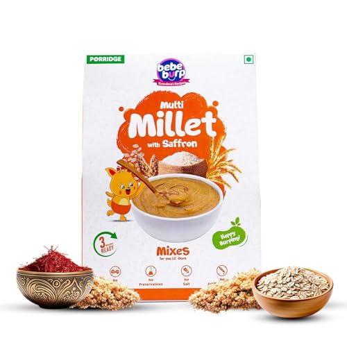 Image of Bebe Burp No Added Sugar Instant Cereal | Multi Millet with Saffron | No Preservatives No Salt | Lightly Sweetened with Date Powder | Made with Multigrain Millets, Jowar, Rice 200g