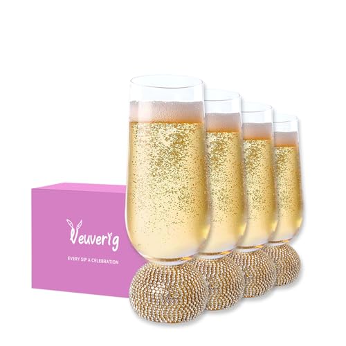 Veuverig Stemless Champagne Flutes set of 4,10 Oz Lead-Free Clear Crystal Mimosa Glasses,Hand Blown Glossy Glasses,for Wedding, Cocktail Party, Birthday,Gifts Women (Gold Champagne glass)