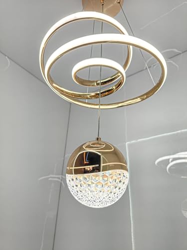 Image of Modern LED Ceiling Pendant Light with Crystal Ball, Spiral Design Chandelier, Dimmable Hanging Lamp for Dining Room, Living Room, Bedroom, Hallway (Gold)