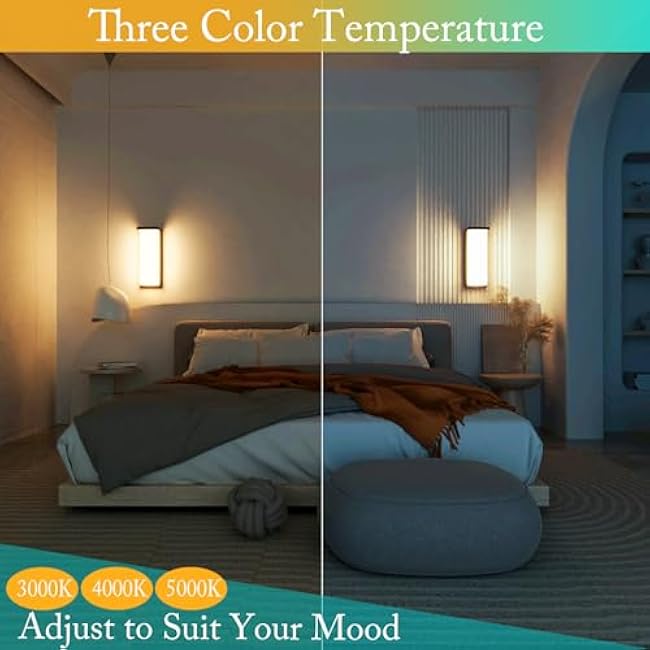 Modern Black Rectangular Outdoor Wall Light Fixtures, 18/20/22W, 3-Color Temp Adjustable