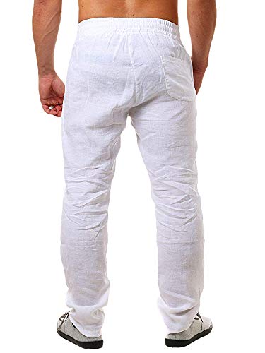 Gemijacka Pantalon long en lin pour homme - Léger - Coupe ample - Pour les vacances, la plage, le quotidien, Blanc, L, (D8A039BS0L) - Image 3