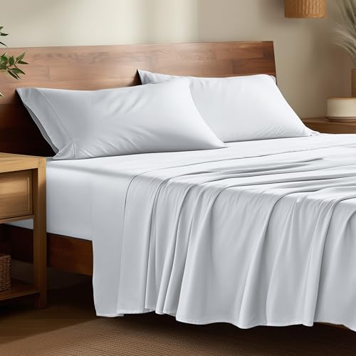 Bare Home 100% Rayon Made from Bamboo Luxury Queen Sheet Set - 4 Piece Bedding Set - Deep Pockets - Cooling Sheets - Breathable - Easy Fit - Soft Bedding Sheets & Pillowcases (Queen, White)