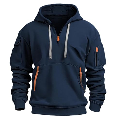 AGPXRWPX Men's Spring and Autumn Hoodie Casual Sports 1/4 Zipper Multi Pocket Hoodie Pullover Solid Color Loose Coat,Navy blue,XL