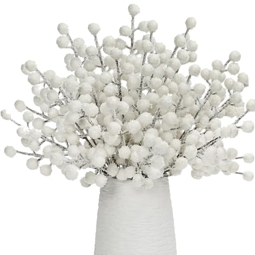 Donfulily 24 Pcs Artificial Snow Berry Stems, 9'' Frosted Holly Berry Branch Christmas Tree Pick Spray for Xmas Tree Decoration Wreath Making Supplies Vase Filler DIY Craft Holiday Home Decor (White)