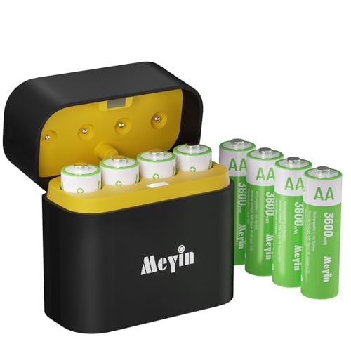 Meyin 8 batterie al litio AA ricaricabili con caricabatterie a 4 slot – Confezione da 8 batterie doppie A da 3600 mWh per fotocamera Blink per esterni, ricarica rapida USB-C in 2 ore, durata oltre