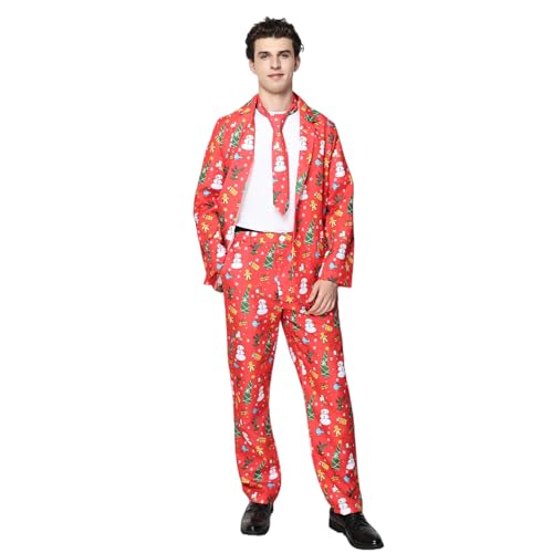 EraSpooky Mens Ugly Christmas Suits Adult Slim Fit Xmas Theme Party Blazer Costume Red