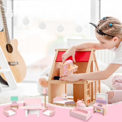 Image of 22 Pcs Dollhouse Furniture Wooden Dollhouse Furniture Set Miniature Playhouse Doll House Accessories with Living Room Bedroom Bathroom Kitchen for Girls Boys