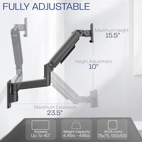 Image of VIVO Premium Ultrawide Monitor Counterbalance Wall Mount for 40 inch Screens up to 44 lbs, Full Motion, Max VESA 100x100, Black, MOUNT-V100E