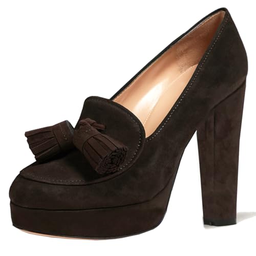 Image of SHODENSE Women Vintage Chunky Platform Loafers Pumps Tassel Round Closed Toe Slip On Suede Block High Heel Dress Loafer Shoes Buckle Strap Oxford Loafers Fringe Pump Dressy Chic Sexy Y2k 4-11 M US