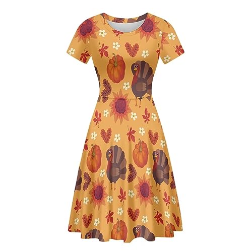 Image of POLERO Women Puffy Swing Elegant Party Midi Dresses Short Sleeve Round Neck A-Line Dress