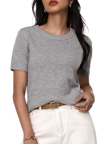 GORGLITTER Women's Short Sleeve Sweater Dressy Fall Sweaters 2025 Casual Crew Neck Knit Pullover Tops