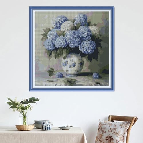 Image of MYBISYMQQ Hydrangea Cross Stitch Kits for Adults Beginners - 11CT Stamped Vintage Blue Flower Vase Embroidery Kit, DIY Pre-Printed Needlepoint Patterns for Home Wall Art Decor, 13.7x13.7 Inches
