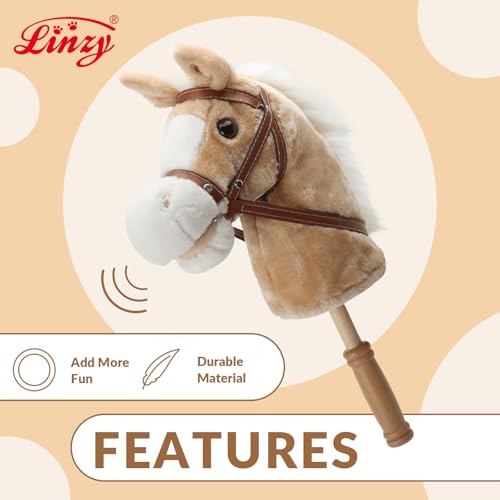 Image of Linzy Toys 35.5 inch Plush Stick Horse - Funny Hobby Horse with Pony Sound, Soft Realistic Mane & Durable Leather Reins, Pretend Play Riding Toy for Boys & Girls Ages 3+ (Light Brown)