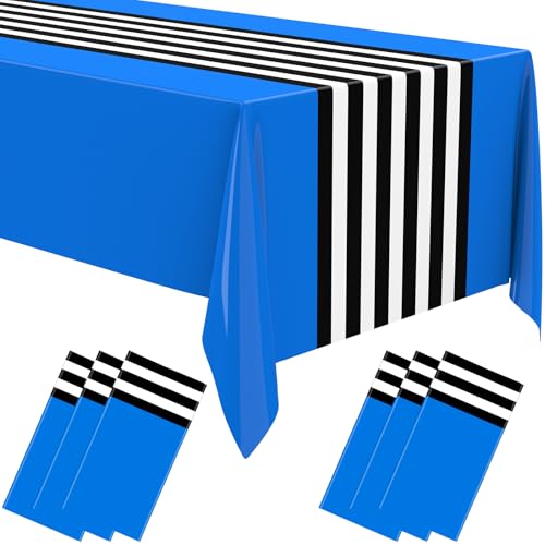 Oudain 6 Pcs Striped Tablecloth 108 x 54 Inch Disposable Plastic Table Cloth Waterproof Tablecloth Rectangle Table Cover for Birthday Wedding Bridal Party Supplies (Black White Dark Blue)