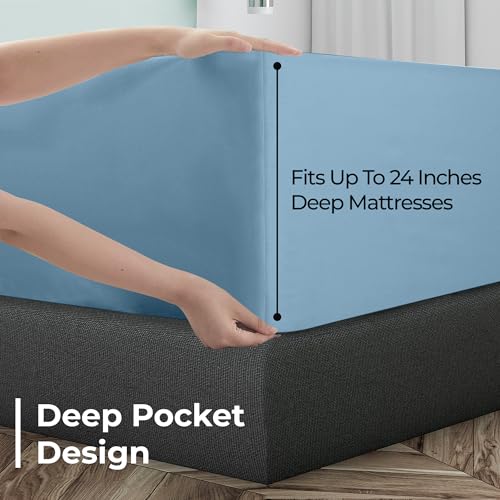 Image of Royale Linens Extra Deep Pocket Twin Fitted Sheet Only - Twin Size Deep Pocket Lake Blue Fitted Sheet - Fits 18 to 24 inch Thick Mattress - Soft & Breathable Elastic Sheets (39x75 Inches, Lake Blue)