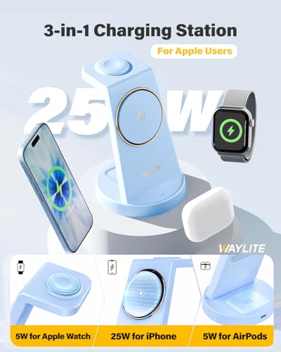 Image of 3 in 1 Fast Charging Station for iPhone, 25W Wireless Magnetic Phone Charger for iPhone 17 16e 16 15 14 13 12 Serise, Watch Charger Stand, Wireless Charging Station for AirPods 4 3 Pro, Blue