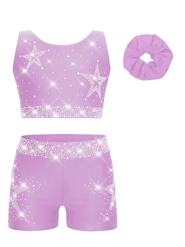 Kids Girls 3 Piece Gymnastic Dance Outfit Crop Top With Booty Shorts Hair Band Set For Yoga Training Light Purple 14 Years