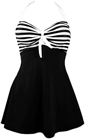 COCOSHIP Black & White Striped Vintage Sailor Pin Up Swimsuit One Piece Skirtini Cover Up Beachwear XXL(US14)