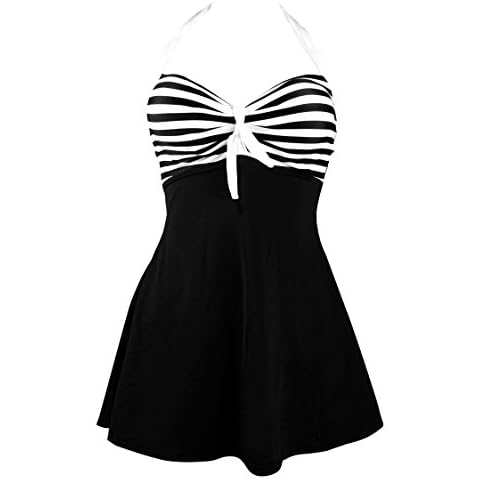 COCOSHIP Black & White Striped Vintage Sailor Pin Up Swimsuit One Piece Skirtini Cover Up Beachwear XXXL(US16) Cover
