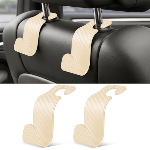Image of SINGARO Universal 2 Pack Car Seat Headrest Purse Hook, Carbon Fiber Back Seat Hook Storage Organizer Hanger for Purse Handbag Coat, Car Interior Accessories(Beige)