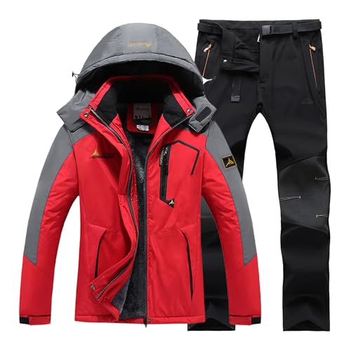 Yytcsjz Schneeanzug-Sets Für Herren, Winddichtes Wasserdichtes Skijacken- Und -hosen-Set Mit Kapuze Und Gürtel Für Herren In Übergröße, Dicker, Warmer Skianzug-Set Für Erwachsene(Red-black,6XL)