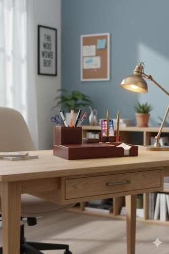 Image of LUVYANSH Genuine Leather Multipurpose Desk Organizer Stylish Pen Stand With Mobile Cum Remote Stand With Memo Pad Holder Office Table Organizer Desktop Stationery Supplies 7 Compartments (Brown)