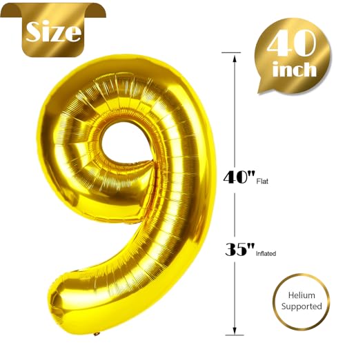 Image of Gold 9 Balloon, Number Balloon 40 Inch, Gold Party Decorations, Giant Birthday Decorations for 9th 19th 29th 90th, Number 9 Balloon