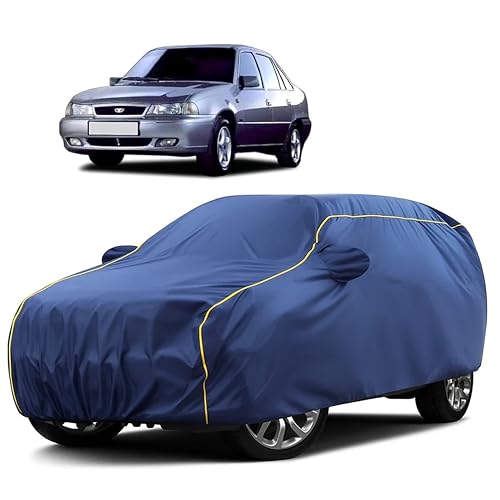 Image of Sulfar 100% Water Resistant Car Body Cover Compatible with Mirror for Daewoo Cielo (Triple Stitched, Full Bottom Elastic, Blue Taffeta with Yellow Piping)