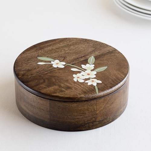 Image of Aurum Crafts Bella Mango Wood Roti Box 8x8 Inch | Handpainted Wooden Chapati Box with Floral Lid | Kitchen Casserole for Roti, Bread Storage & Serving