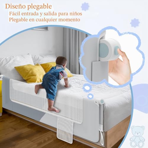 Barrera de cama para niños HENGMEI de 150 cm con malla ventilada 7