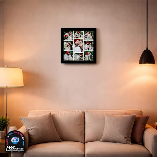 Image of Mad Masters Customized Photo Frame | 9 Photo Collage Wooden Frame, 12 x 12 inches | Personalized Wall Frame for Couple, Family, Kids | Home Decor & Gift (Black, Textured)