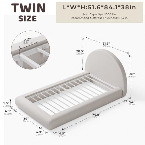 Image of RECCI AirFrame Half-Moon Upholstered Twin Platform Bed Frame, Velvet Curved Arched Base with Headboard, 5 Inch Fully Round Cushioned Foam, No Box Spring Needed, Easy Assembly