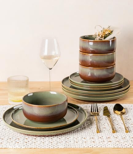 Image of TheTerra Ceramic Dinnerware Sets for 4, 12 Pieces Handmade Reactive Glaze Plates and Bowls Set, Scratch Resistant Dish Set, Oven & Microwave & Dishwasher Safe, Sage Umber | Handmade Reactive Glaze, Scratch Resistant, Oven & Microwave & Dishwasher Safe, Plates and Bowls Set