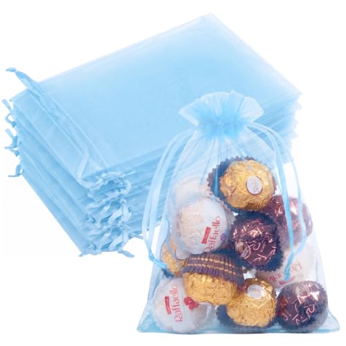 Image of Crweety 50PCS Organza Bags 5x7 Baby Blue Small Gift Bags Mesh Drawstring | Party Favor Goodie Bag Bulk, Jewelry Sachet Candy Treat Soap Makeup Pouches, Wrap for Wedding Baby Shower Birthday Halloween