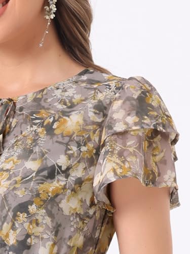Image of Allegra K Women's Ruffle Sleeve Self-Tie V Neck Flowy Ruffled A-Line Floral Chiffon Dress