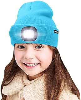 ATNKE Kids LED Lighted Beanie Cap, USB Rechargeable 4 LED Headlamp Waterproof Winter Warmer Knit Night Hats with Light for Boys Girls