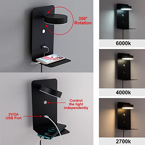 Image of LED Plug in Wall Lamps with USB Charging Port for Bedside, 8W Black Sconces Lights with Shelf Switch Cord 3-Ways Brightness Fixtures for Living Room, Bedroom Illumination for Reading