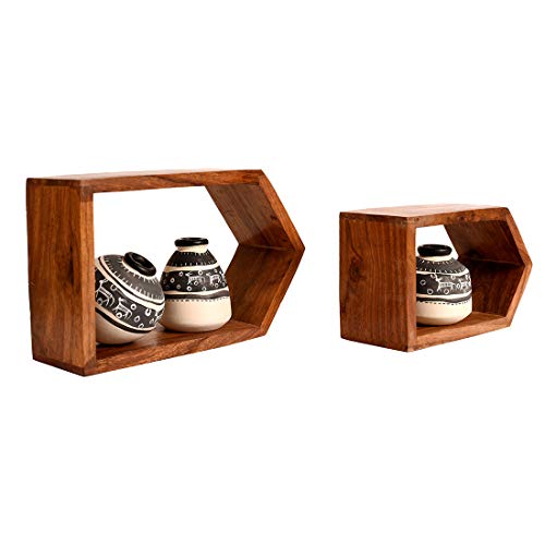 Image of AAKRITI ART CREATIONS Wooden Wall Decor Set with 2 Shelves & 3 Warli White Pots | Wooden Wall Hanging Shelves with Terracotta Vases | Matte Finish Decorative Wall Art for Living Room & Gifting