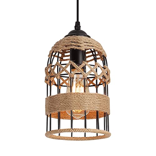 Rustic Woven Cage Pendant Light, One-Light Industrial Metal Hemp Rope Mini Pendant Lighting Fixture For Kitchen Island Cafe Bar Farmhouse, Black #TOP28
