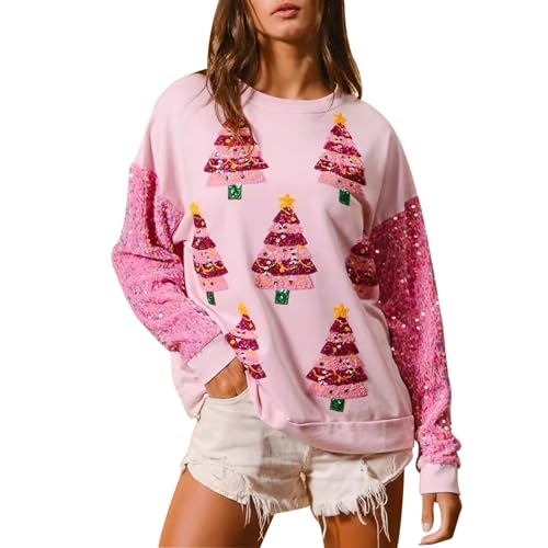 Heloto Women's Christmas Pink Sweatshirt – Santa & Tree Graphic, Fleece, Loose Fit (Large) - View #11