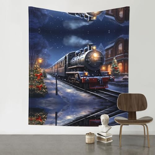 Tapisserie murale décoration Noël hiver grand tissu suspendre tableau train neige
