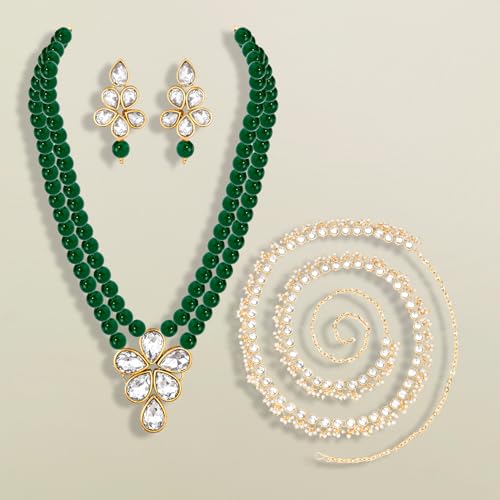 Image of Peora Crystal Faux Pearl Kundan Necklace & Jewellery Set Gift for Women